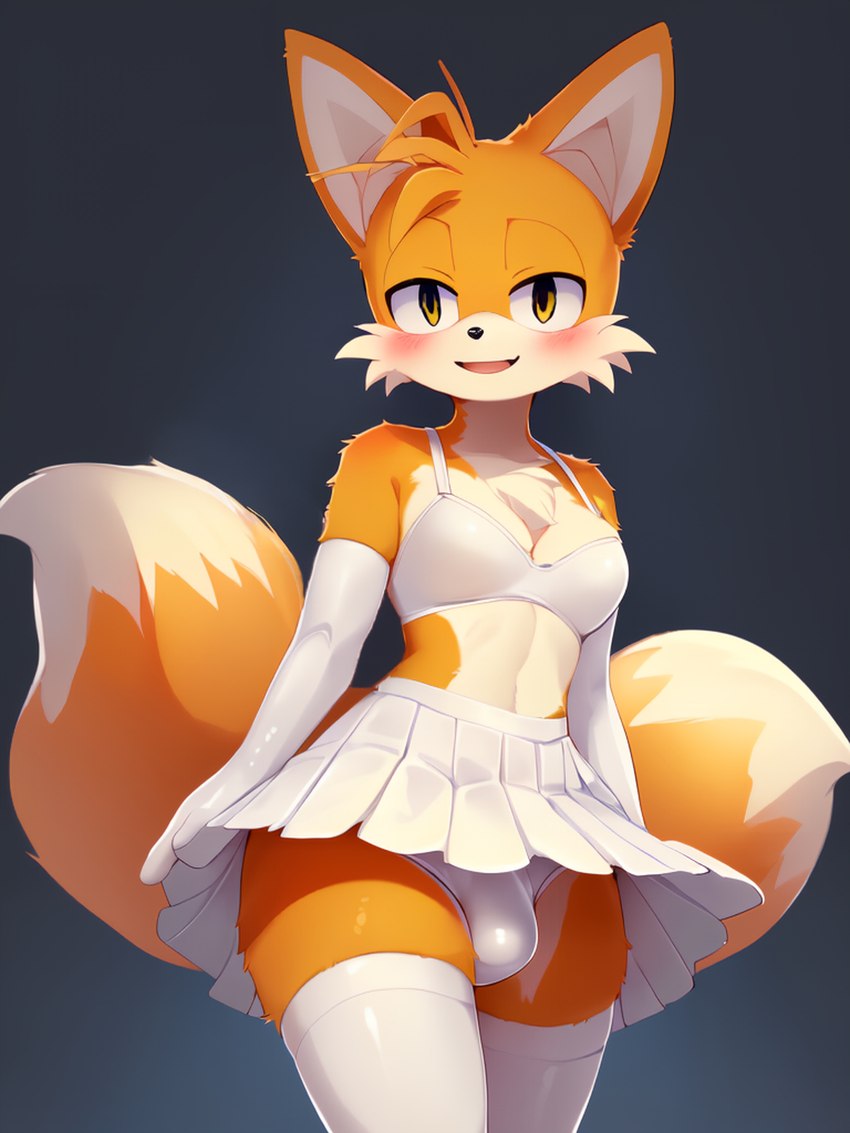 animal_ears animal_nose anthro armwear blush bottomwear bra bulge clothed clothing crossdressing fur girly gloves handwear legwear male open_mouth orange_body orange_fur panties skirt smile solo underwear white_bottomwear white_bra white_clothing white_gloves white_handwear white_skirt white_underwear damnblackfox miles_prower canid canine fox mammal hi_res