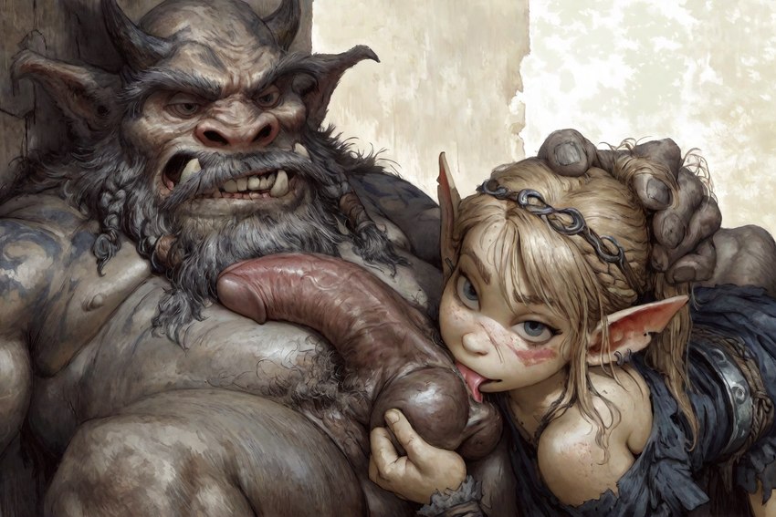 ball_fondling ball_lick balls duo female fondling genitals licking looking_at_viewer male male/female oral overweight overweight_male penis sex size_difference tongue tongue_out hyperion bugbear elf humanoid hybrid