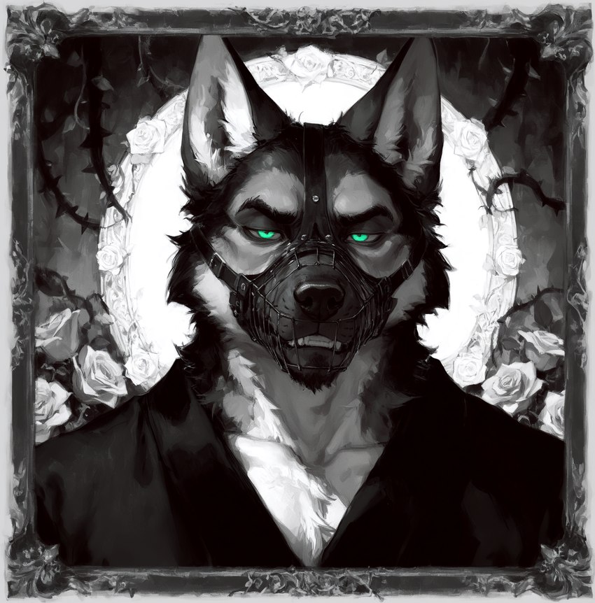 annoyed anthro border clothing facial_hair fangs flower front_view frown green_eyes half-closed_eyes jacket looking_at_viewer male muzzle_(object) muzzled narrowed_eyes plant rose_(flower) solo straps teeth thorns topwear vines gshepanon canid canine canis domestic_dog german_shepherd herding_dog mammal pastoral_dog headshot_portrait hi_res icon monochrome portrait spot_color