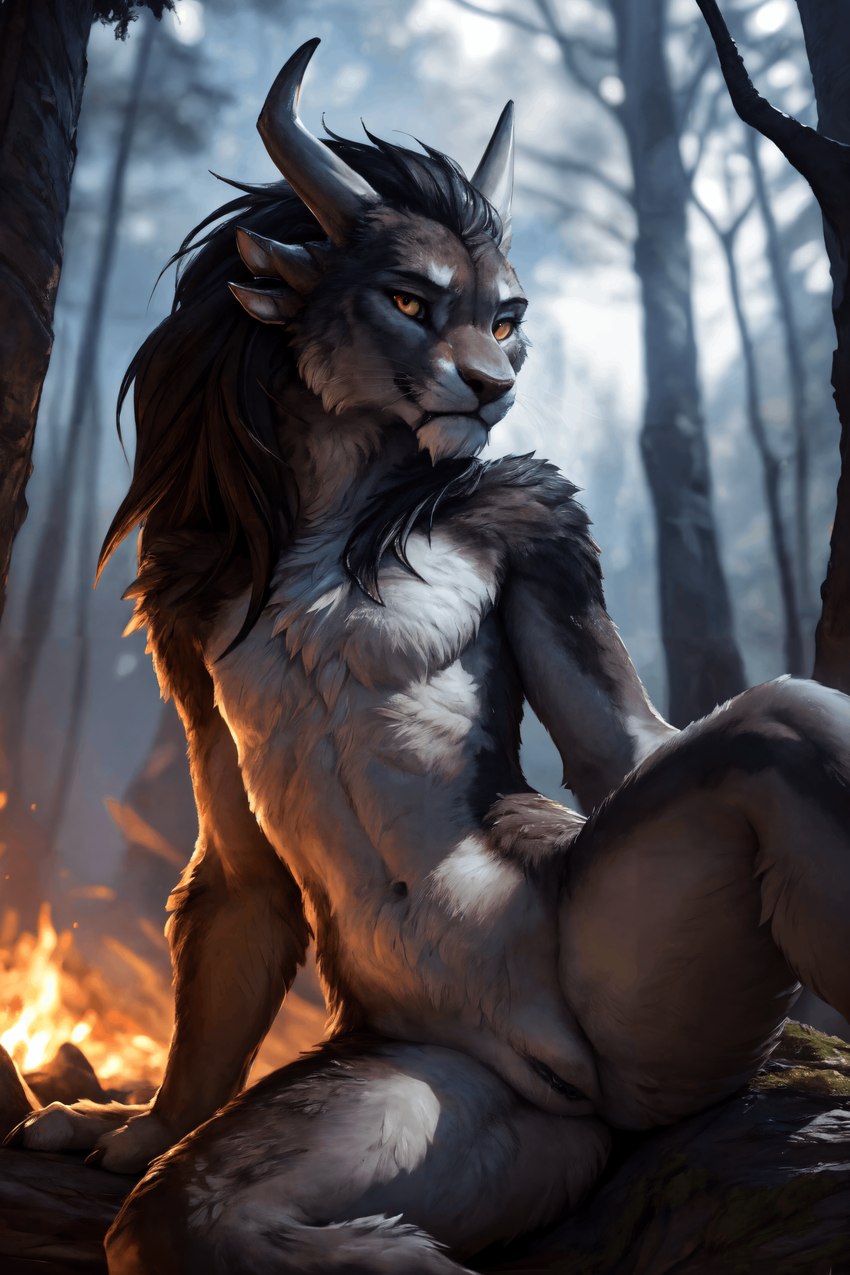 anthro brown_body brown_fur brown_hair female fire flat_chested forest fur genitals hair horn humanoid_genitalia humanoid_pussy navel orange_eyes plant presenting presenting_pussy pussy raised_leg sitting_on_ground smile smirk solo tree tuft bugzie_mucksticky charr felid mammal absurd_res hi_res