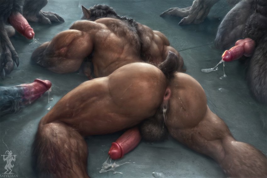 after_sex animal_genitalia animal_penis anthro anus back_muscles backsack balls bara barazoku biceps bodily_fluids body_hair butt canine_penis cum cum_drip cum_on_ground defeated_hero dripping genital_fluids genitals group growth hair hair_growth hairy hairy_balls humanoid_genitalia humanoid_penis hybrid_genitalia hybrid_penis knot knotted_humanoid_penis lying male male/male muscular muscular_anthro muscular_male muscular_thighs on_front on_ground penis penis_backwards precum transformation transformation_through_sex triceps vein veiny_penis werewcanine satyrman canid canine humanoid mammal were werecanid werecanine werewolf hi_res