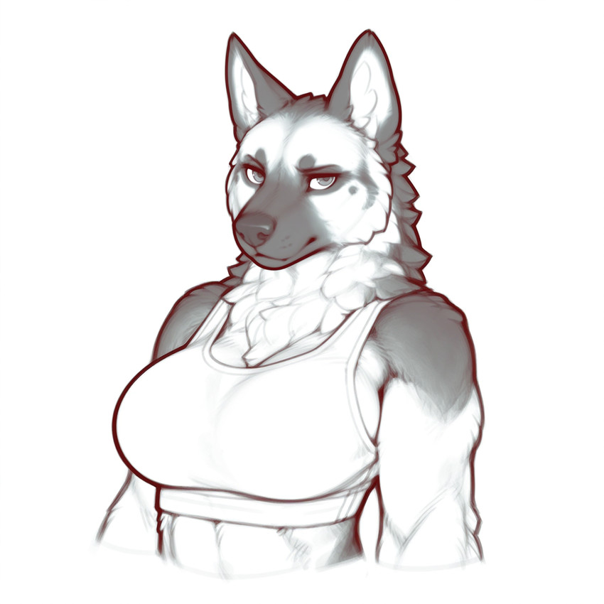 abs anthro black_nose bra breasts clothing female inner_ear_fluff looking_at_viewer muscular muscular_anthro muscular_female neck_tuft solo sports_bra tuft underwear whisker_spots whiskers zaddha canid canine canis domestic_dog german_shepherd herding_dog mammal pastoral_dog hi_res monochrome