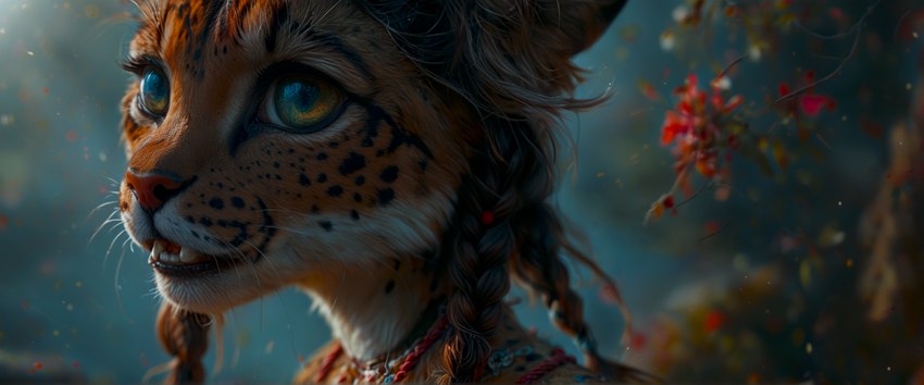 anthro braided_hair female fur green_eyes hair orange_body orange_fur solo akhiezer felid feline leopardus mammal ocelot absurd_res hi_res