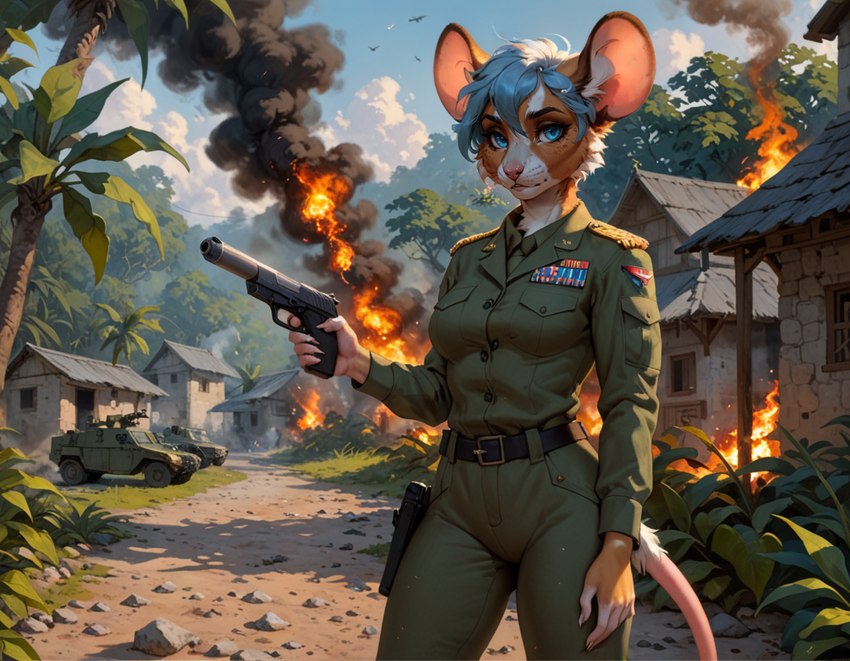 2024 anthro belt belt_buckle big_ears blue_eyes blue_hair bottomwear brown_body brown_fur building burning_building clothed clothing cloud dress_shirt female fire fully_clothed fur gun hair holding_gun holding_object holding_weapon jungle long_sleeves looking_at_viewer military military_uniform multicolored_body multicolored_fur outside pants pink_nose plant ranged_weapon road shirt short_hair sky smoke solo stable_diffusion topwear tree two_tone_body two_tone_fur uniform vehicle weapon white_body white_fur yiffymix_(model) malakim mammal mouse murid murine rodent half-length_portrait portrait