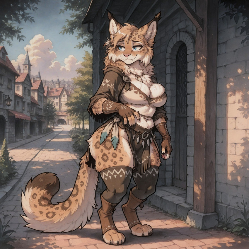 4_toes 5_fingers anthro bangs big_breasts blue_eyes breasts curvy_figure day digitigrade ear_tuft fangs feet female fingers fluffy fluffy_breasts fluffy_fur fluffy_tail fur fur_markings jewelry markings medieval multicolored_body multicolored_fur neck_tuft pink_nose smug solo tail teeth thick_thighs toes town tribal tribal_clothing tribal_jewelry tuft two_tone_body two_tone_fur voluptuous wide_hips yellow_body yellow_fur slingsting skyrim felid khajiit mammal hi_res