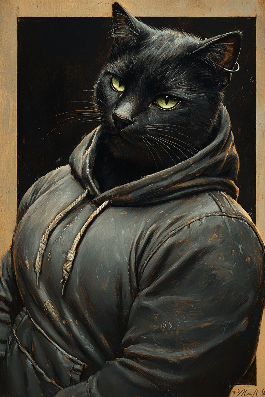 anthro black_background black_body black_fur black_nose clothing ear_piercing ear_ring fur green_eyes hoodie male muscular piercing ring_piercing simple_background solo topwear whiskers bahufaru vendryth_(bahufaru) domestic_cat felid feline felis mammal hi_res