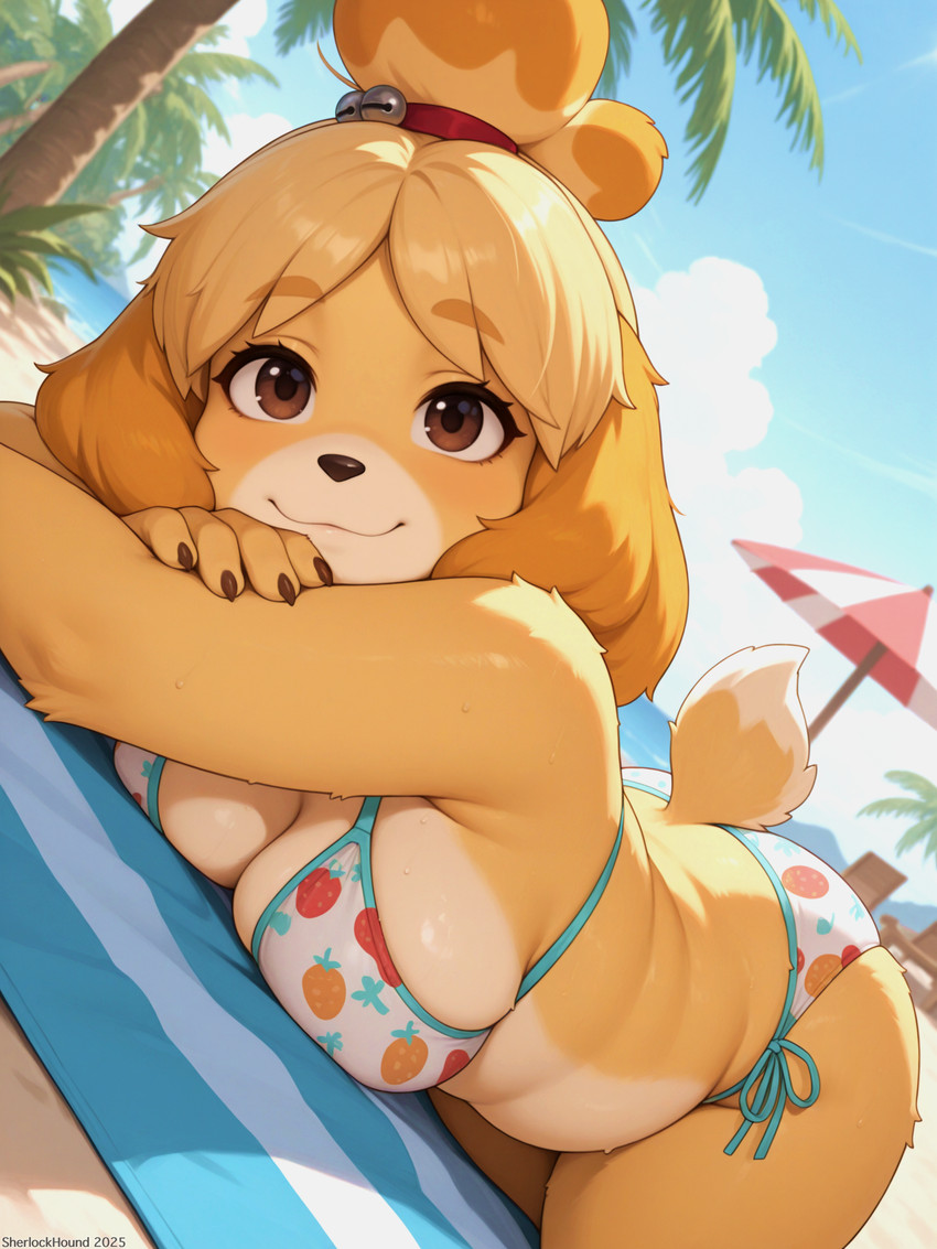 anthro beach belly big_breasts bikini blush breast_squish breasts brown_claws brown_eyes chair chubby_female claws cleavage cleavage_overflow clothed clothing cloud curvaceous curvy_figure day fat_rolls female fingers floppy_ears food fruit fur furniture hair hips lips looking_at_viewer lounge_chair lying mountains nature nature_background on_front outside palm_tree pattern_clothing plant sagging_breasts sand sea seaside side_boob sky slightly_chubby solo squish standing swimwear tail thick_thighs tree tuft voluptuous water wide_hips yellow_body sherlock_hound_(director) animal_crossing nintendo isabelle_(animal_crossing) canid canine canis domestic_dog mammal shih_tzu toy_dog detailed hi_res shaded signature soft_shading