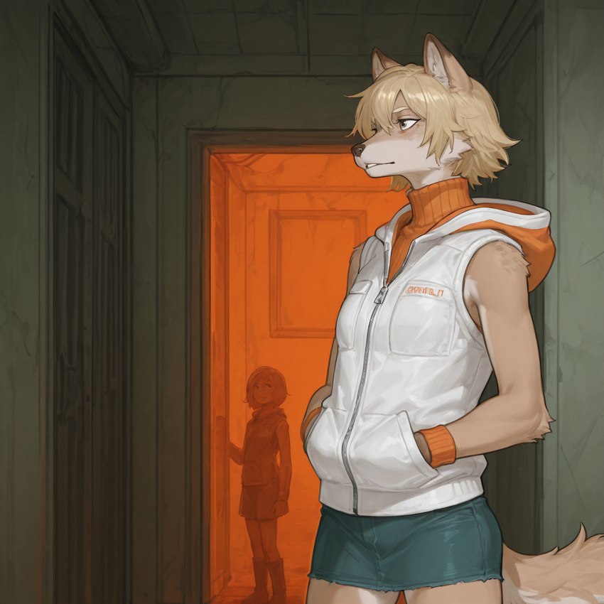 alternate_species blonde_hair bottomwear breasts clothed clothing duo female fur furrification hair hand_in_pocket hoodie inner_ear_fluff inside jacket orange_clothing pockets short_hair shorts skirt solo_focus standing sweater tan_body tan_fur topwear tuft zipper anonymous_director silent_hill heather_mason_(silent_hill) canid canine canis fox mammal hi_res