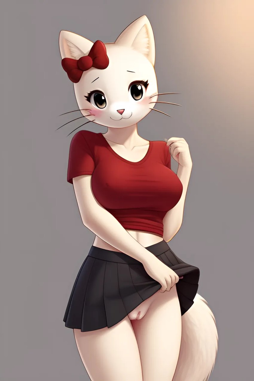 anthro big_breasts blush bottomwear bow_(feature) breasts clothed clothing clothing_lift eyebrows female fluffy fluffy_tail fur genitals inner_ear_fluff pink_nose pussy sanrio shirt simple_background skirt skirt_lift slim_body solo stable_diffusion t-shirt topwear tuft whiskers white_body white_fur hello_kitty_(character) domestic_cat felid feline felis mammal hi_res