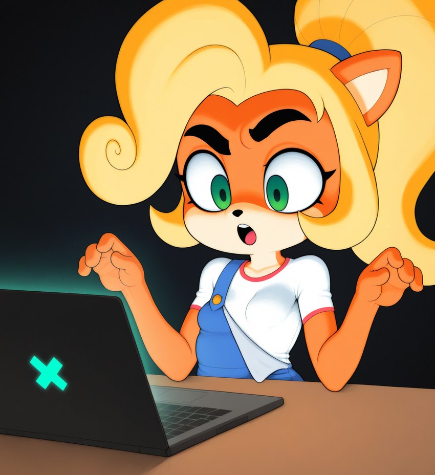 4_fingers anthro blonde_hair breasts clothing computer female fingers furniture green_eyes hair laptop open_mouth overalls ponytail shirt simple_background solo surprised_expression table topwear wide_eyed anonymous_director crash_bandicoot_(series) coco_bandicoot mammal marsupial hi_res