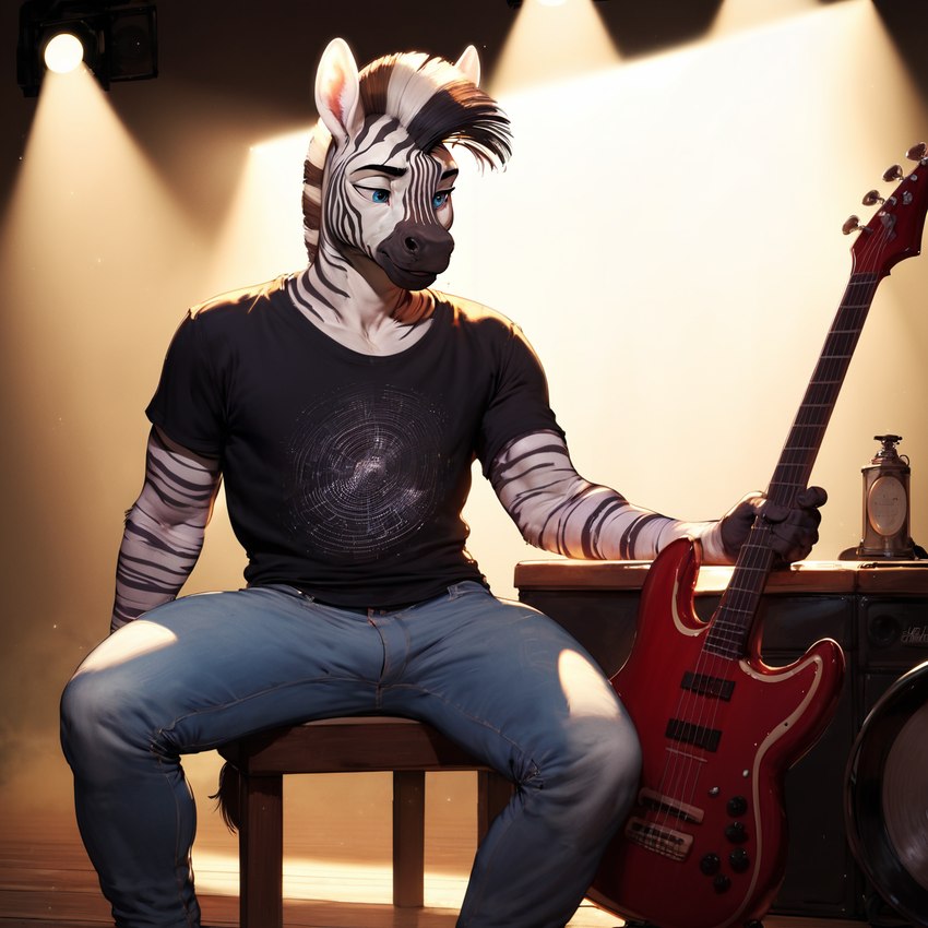 anthro furniture guitar male musical_instrument plucked_string_instrument solo speaker spotlight stage stool string_instrument stripes matt3985_(director) phazon equid equine horse mammal zebra hi_res