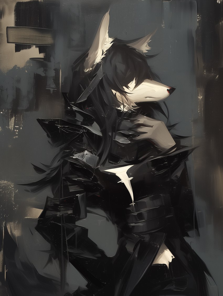 ambiguous_gender anthro black_hair black_nose bottomwear clothing fur hair hair_over_eyes hood jacket long_hair topwear white_body white_fur sappy_(director) canid canine canis domestic_dog mammal absurd_res hi_res oil_painting_(artwork) painting_(artwork) traditional_media_(artwork)