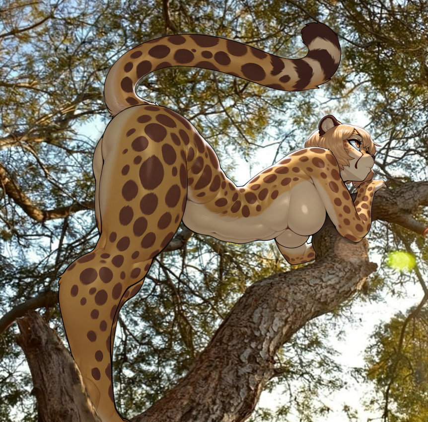 anthro bent_over blonde_hair breasts butt climbing female fur golden_eyes hair looking_away low-angle_view medium_breasts nude nude_female plant short_hair solo spots spotted_body spotted_fur standing tail tan_body tan_fur tree under_boob ahogagu aurora_(spacecamper) cheetah felid feline mammal hi_res mixed_media