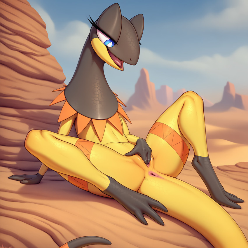 3_fingers anthro anus day desert female fingers genitals looking_down looking_pleasured lying masturbation on_back outside pussy scales solo vaginal vaginal_masturbation yellow_body lightning7 nintendo pokemon generation_6_pokemon heliolisk lizard pokemon_(species) reptile scalie absurd_res hi_res