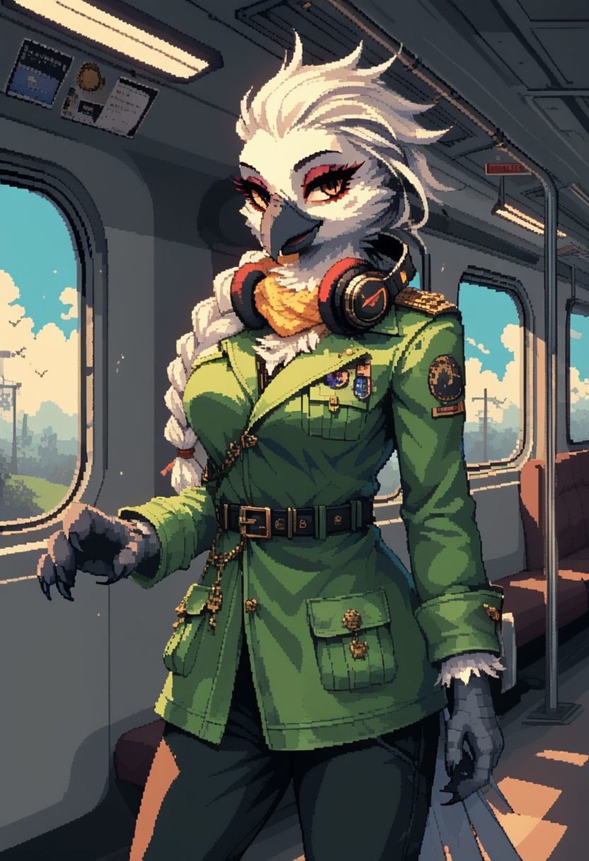 anthro beak belt black_hands bottomwear braided_hair breasts clothing eyelashes eyeshadow feathers female hair headphones jacket long_hair makeup medium_breasts military_uniform neckerchief pants solo solo_focus talons topwear train uniform vehicle window yellow_eyes rune_parrot leiya_(rune_parrot) avian bird cockatoo parrot hi_res