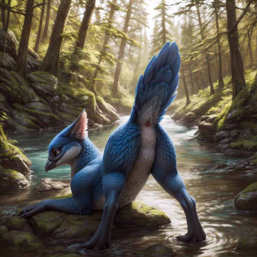 amber_eyes animal_genitalia ass_up avian_butt avian_feet beak bird_legs black_beak blue_body blue_feathers butt claws cloaca countershade_torso countershading creek day detailed_background digitigrade feather_ears feathers female feral forest genitals grass light looking_at_viewer looking_back looking_back_at_viewer moss multicolored_body multicolored_feathers nature nature_background nude outside plant pose presenting presenting_cloaca presenting_hindquarters quadruped raised_tail rear_view river rock scuted_legs scutes seductive smile solo spreading sunlight tail_feathers tree tuft two_tone_body water white_body white_countershading yellow_eyes birdlover avian bird blue_jay corvid gryphon hybrid jay_(bird) mythological_avian mythological_creature new_world_jay oscine passerine absurd_res detailed hi_res