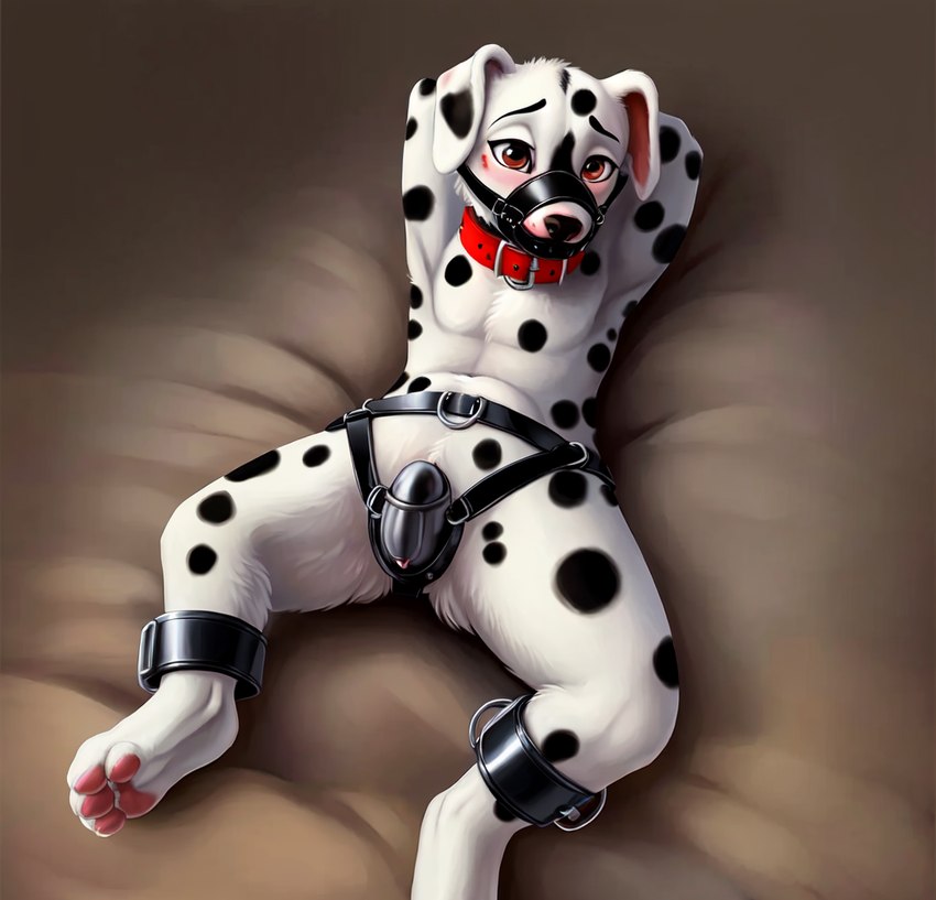 chastity_device collar cuff_(restraint) female feral hands_behind_head muzzle_(object) muzzled pawpads restraints solo straps obsidian canid canine canis dalmatian domestic_dog mammal