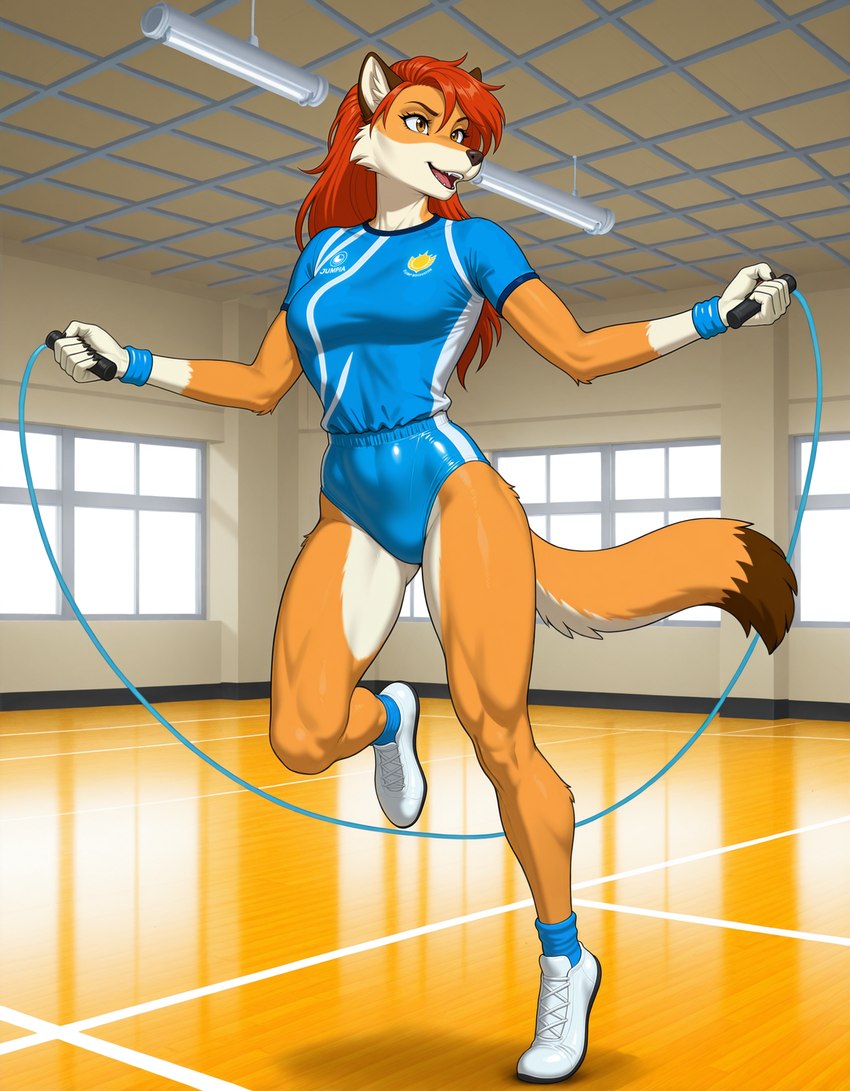 amber_eyes asian_clothing athletic athletic_female bottomwear buruma clothing east_asian_clothing female gymnasium hair japanese_clothing jump_rope red_hair solo gusc3 canid canine fox mammal hi_res