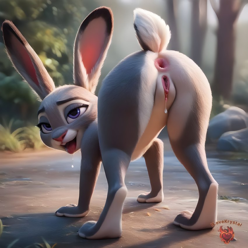 anthro anus ass_up bodily_fluids female forest genital_fluids genitals horny looking_at_viewer looking_pleasured on_all_fours plant pussy saliva solo tongue tongue_out tree zootopia ilovekrystal judy_hopps lagomorph leporid mammal rabbit absurd_res hi_res