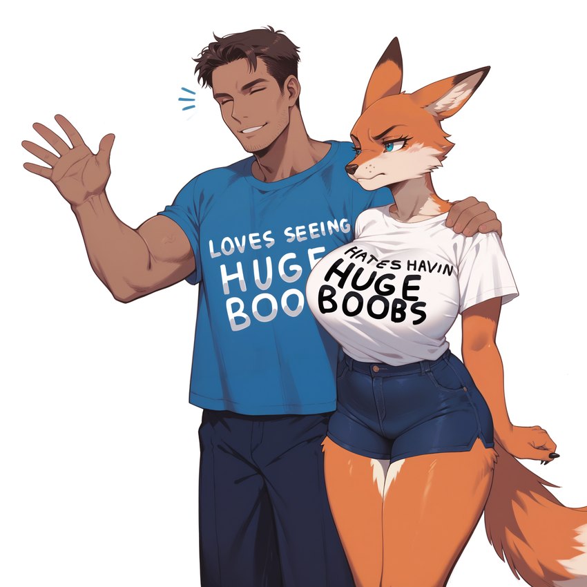 anthro blue_eyes bottomwear brown_hair clothed clothing duo eyes_closed female frown fully_clothed fur gesture hair hand_on_shoulder humor male multicolored_body multicolored_fur orange_body orange_fur pants shirt shorts simple_background smile standing t-shirt text text_on_clothing thick_thighs tight_clothing topwear two_tone_body two_tone_fur waving whisker_spots white_background wheel_of_fortune canid canine fox human mammal hi_res