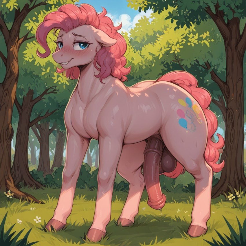 animal_genitalia animal_penis balls blush crossgender cutie_mark equine_genitalia equine_penis feral flower forest genitals grass intersex looking_at_viewer outside penis plant sky solo tree nameynamename my_little_pony pinkie_pie_(mlp) equid equine horse mammal