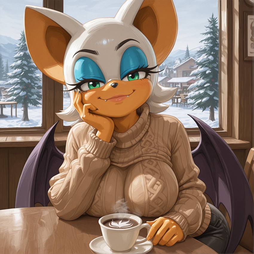 anthro beverage breasts chair clothing coffee container cup day detailed_background eyeshadow fangs female fur furniture green_eyes lipstick makeup narrowed_eyes on_chair plant sitting sitting_on_chair smile smiling_at_viewer solo sweater table tan_body tan_skin teeth topwear tree white_body white_fur window wings winter swiffer sega sonic_the_hedgehog_(series) rouge_the_bat bat mammal hi_res