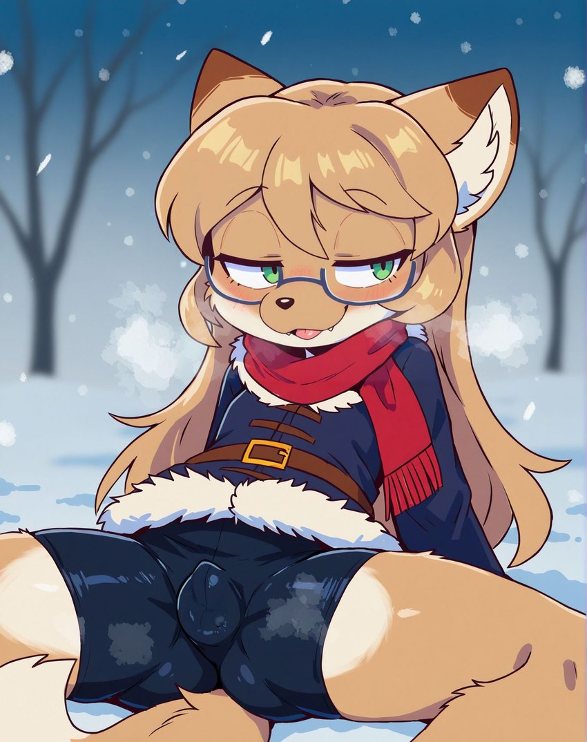 anthro blue_eyewear clothing eyewear female fur_trim glasses green_eyes hair jacket long_hair scarf solo spade_bulge topwear professor_harkness_(director) averi_(fiddleafox) canid canine fox mammal hi_res