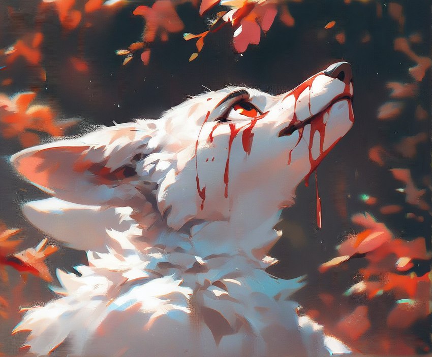 anthro black_body black_fur black_nose blood blood_covered blood_in_mouth blood_on_face blurred_background bodily_fluids dramatic_lighting eyebrows forest fur looking_up male night plant red_eyes solo_focus tree white_body white_fur feralfresh canid canine fox mammal