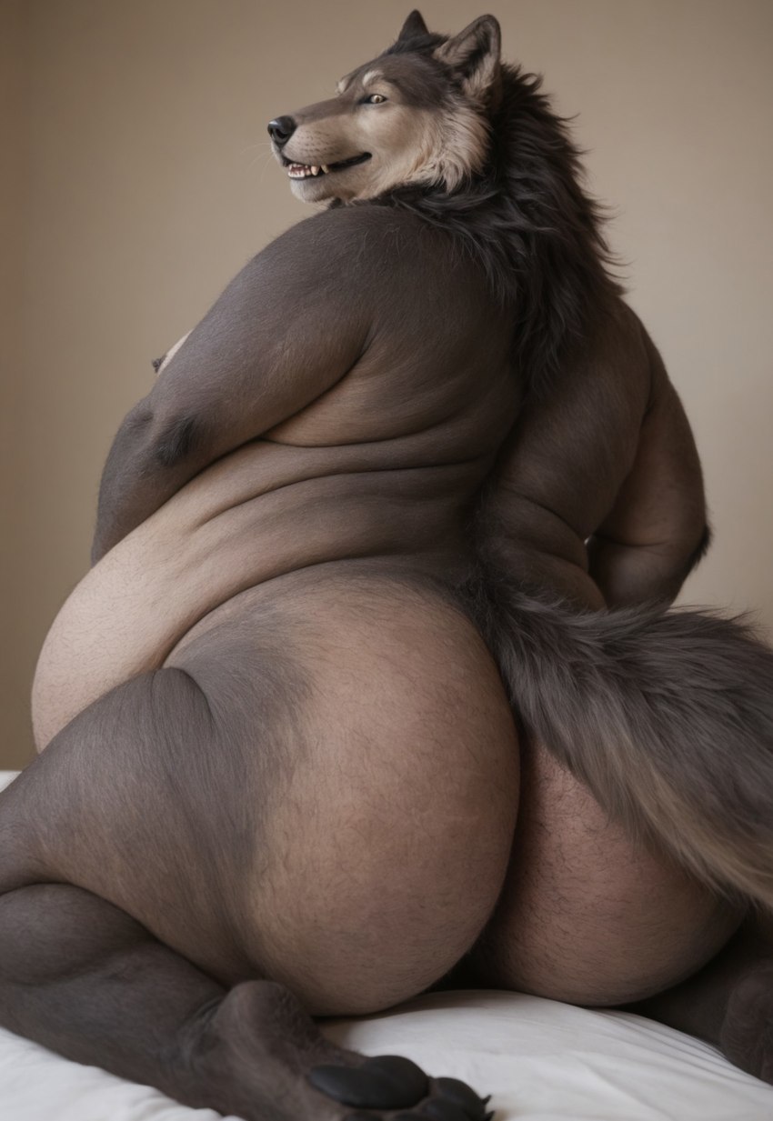 anthro bed bedroom belly belly_overhang big_butt black_body black_fur black_nose butt cheek_tuft clothed clothing facial_tuft fat_rolls fluffy fluffy_tail fur furniture grey_body grey_fur hairy_ass huge_butt inside looking_at_viewer looking_back looking_back_at_viewer male moobs nipples nude obese on_bed on_knees overweight overweight_anthro overweight_male pawpads paws photorealism photorealistic presenting presenting_hindquarters realism realistic rear_view sharp_teeth sitting smile solo teeth thick_thighs tuft wide_hips anonymous_director canid canine canis mammal were werecanid werecanine werewolf wolf hi_res