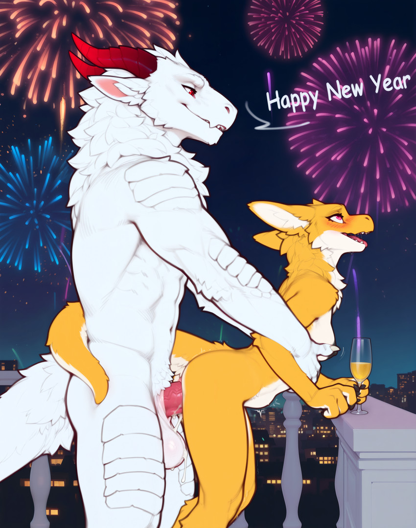 4_fingers abdominal_bulge abs ahegao anal anal_penetration animal_genitalia animal_penis anthro anthro_on_anthro anthro_penetrated anthro_penetrating anthro_penetrating_anthro anthro_penetrating_female balcony balls black_claws black_nipples blush bodily_fluids breast_play breasts bulge champagne_glass city city_background claws cum cum_inside cum_on_balls cum_on_body curled_tail duo emanata equine_penis equine_sheath female female_on_anthro female_penetrated fingers fireworks from_behind_position fur genital_fluids genitals hand_on_partner holding_glass holding_object larger_male leaning leaning_forward looking_at_another looking_at_partner looking_down looking_pleasured looking_up male male/female male_on_anthro male_penetrating male_penetrating_anthro male_penetrating_female medium_breasts multicolored_body multicolored_fur mythology neck_tuft night nipples nipples_touching nude open_mouth outside penetration penis pink_penis saliva scales sex shaking side_view size_difference small_breasts smaller_female tail tail_tuft talking_to_another talking_to_partner text tongue tongue_out trembling tuft two_tone_body two_tone_fur vein veiny_balls veiny_penis white_body white_claws white_fur white_scales yellow_body yellow_fur adragocult new_year jaune_(adragocult) rubis_(adragocult) dragon furred_dragon furred_kobold furred_scalie hybrid kobold mythological_creature mythological_scalie scalie absurd_res english_text hi_res