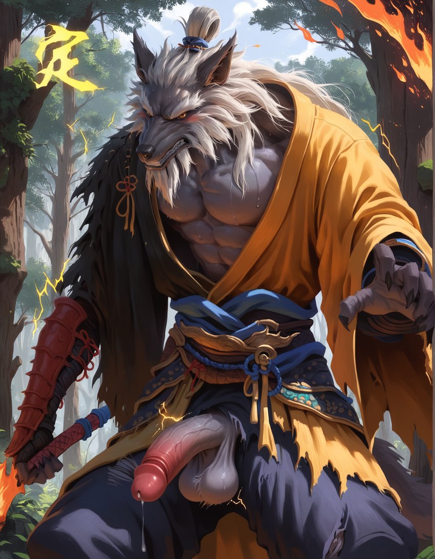 5_fingers accessory anthro armor asian_clothing balls beard black_clothing black_myth:_wukong black_topwear blue_bottomwear blue_clothing blue_pants blush bodily_fluids bottomwear chinese_clothing clenched_teeth clothing east_asian_clothing eyebrows facial_hair fighting_pose fingers forest forest_background fur gauntlets genital_fluids genitals gloves grey_body grey_fur hair hair_accessory hair_bun hair_tie half-erect handwear holding_object holding_weapon humanoid_genitalia humanoid_penis leaking_precum looking_at_viewer male mature_male nature nature_background pants penis plant pose precum solo sweat teeth text topwear torn_bottomwear torn_clothing torn_pants tree weapon white_beard white_eyebrows white_hair yellow_clothing yellow_eyes yellow_topwear vahlok_alunmid guangzhi canid canine canis mammal wolf chinese_text hi_res