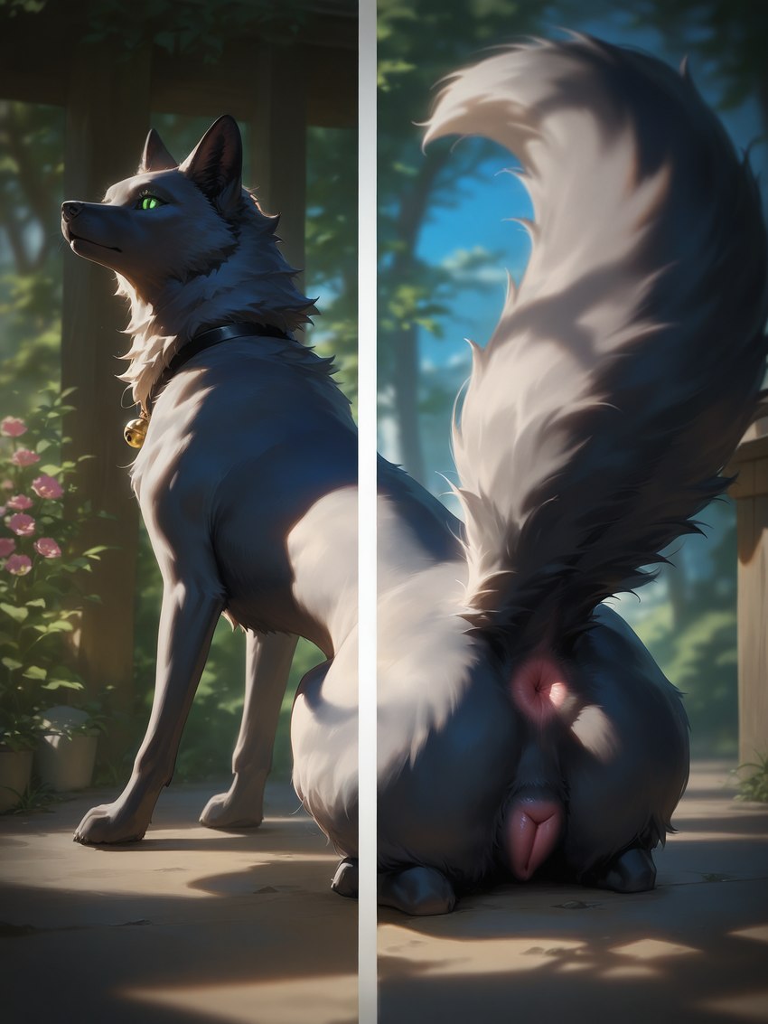 animal_genitalia animal_pussy anus bell bell_collar big_anus big_butt big_tail blue_sky butt canine_pussy cheek_tuft chest_tuft collar day detailed_background detailed_fur ears_up facial_tuft female feral flower fluffy fur genitals glistening glistening_genitalia glowing glowing_eyes green_eyes grey_body grey_fur inner_ear_fluff light looking_back mouth_closed neck_tuft outside perineum pink_anus pink_pussy plant plant_pot potted_plant pupils pussy raised_tail sitting sky slim slit_pupils solo sunlight three-quarter_view tree tuft wide_hips wood blp canid canine fox hybrid mammal red_fox silver_fox detailed hi_res lighting