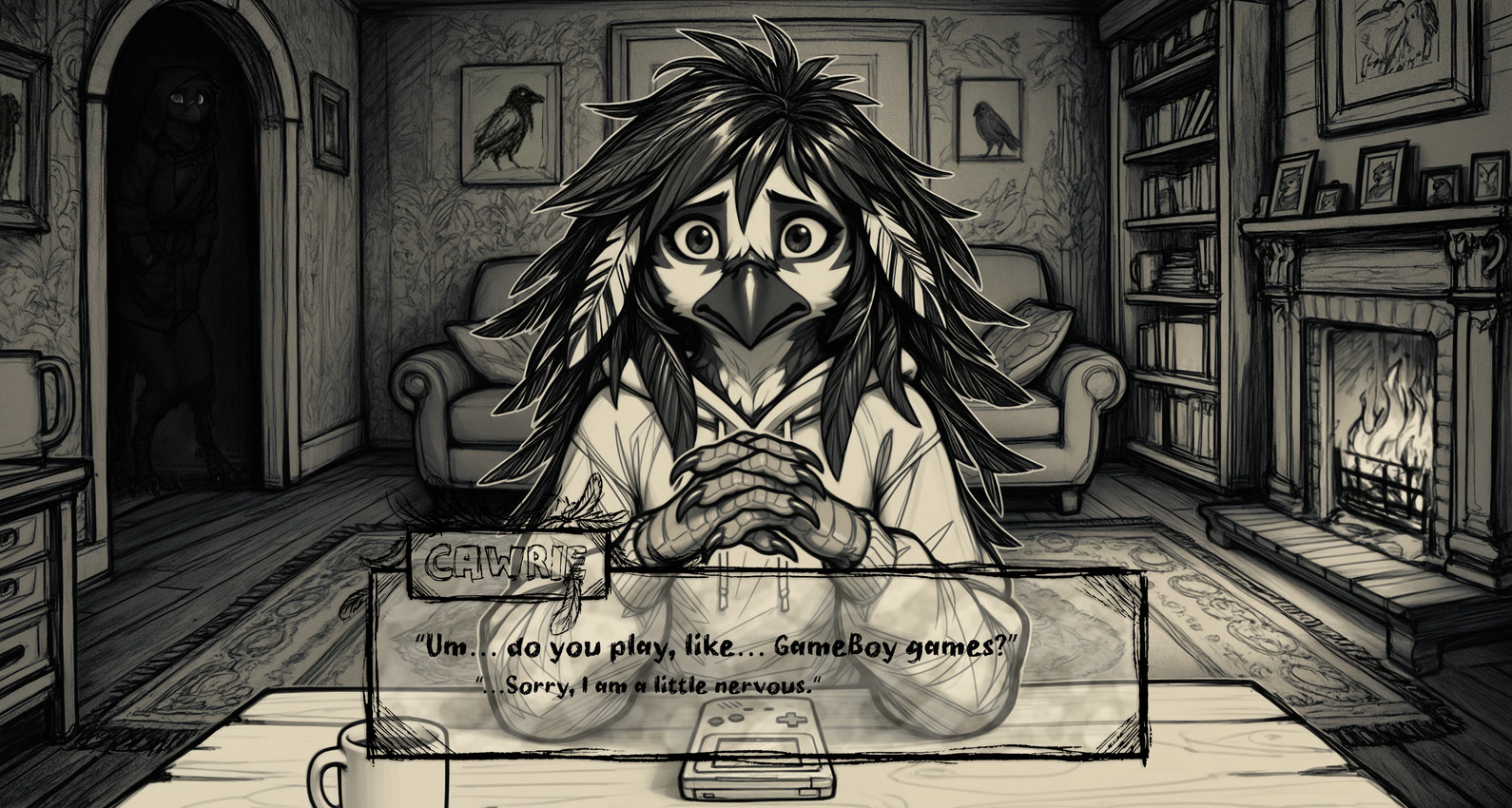 anthro black_body black_claws black_eyes black_feathers bookshelf claws clothing duo feathers female fire fireplace fur furniture hair hands_together hoodie living_room looking_at_viewer mug nervous nervous_smile robe rug shadow shelf sitting sofa solo_focus standing table talons text topwear user_interface video_games visual_novel wall_decorations white_body white_feathers white_fur hummuna gameboy avian bird corvid corvus_(genus) crow oscine passerine absurd_res guide_lines hi_res monochrome sepia sketch