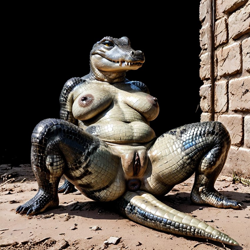 anthro anus big_breasts breasts dark_background female genitals green_body green_scales nipples outside presenting pussy realistic scales slightly_chubby solo solo_focus spread_legs spreading director_unholycow crocodilian reptile scalie detailed