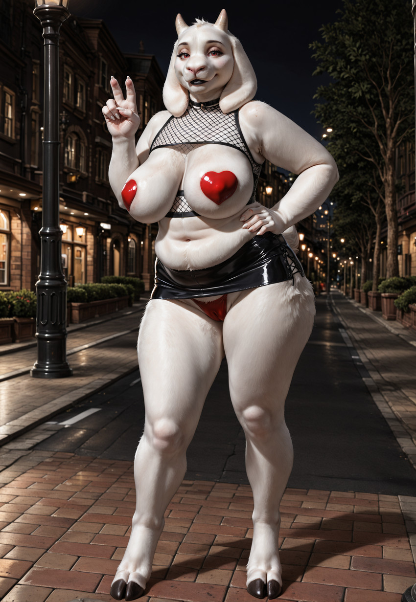 anthro belly big_breasts black_lips bottomwear breasts camel_toe choker chubby_female city city_background claws clothed clothing digitigrade eyelashes female fishnet fishnet_clothing fishnet_topwear front_view fur gesture hand_on_hip hooves horn jewelry latex latex_clothing lips looking_at_viewer mature_female miniskirt navel necklace night nipple_outline outside pasties prostitution sagging_breasts skimpy skirt slightly_chubby smile solo standing street street_lamp thick_thighs thong topwear underwear v_sign white_body white_fur wide_hips chamir136_(director) undertale_(series) toriel bovid caprine goat humanoid mammal full-length_portrait hi_res portrait