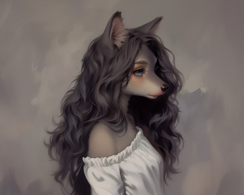 anthro black_hair black_nose blouse blue_eyes clothed clothing eyebrows eyelashes female grey_body hair inner_ear_fluff off_shoulder side_view simple_background solo topwear tuft wavy_hair white_clothing white_topwear sappy_(director) canid canine canis mammal wolf hi_res oil_painting_(artwork) painting_(artwork) portrait shaded traditional_media_(artwork)