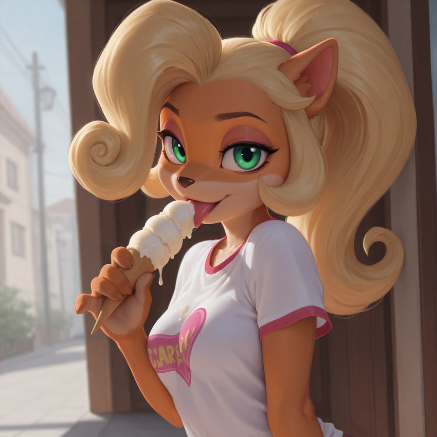 5_fingers anthro blonde_hair breasts clothing crash_bandicoot_(series) day dessert female fingers food green_eyes hair ice_cream looking_at_viewer outside ponytail solo suggestive tongue tongue_out unknown_director coco_bandicoot mammal marsupial hi_res