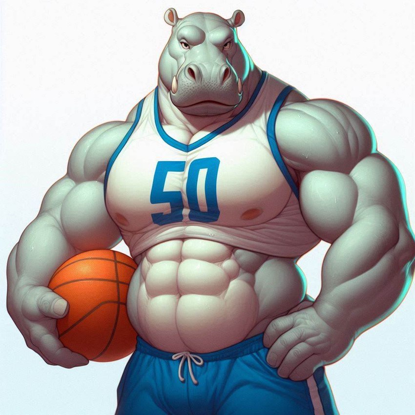 abs anthro basketball basketball_uniform black_eyes bottomwear clothing dall-e_3 front_view looking_at_viewer male midriff muscular muscular_anthro muscular_male serious shorts simple_background solo sportswear uniform white_background val_the_sergal common_hippopotamus hippopotamid mammal portrait three-quarter_portrait