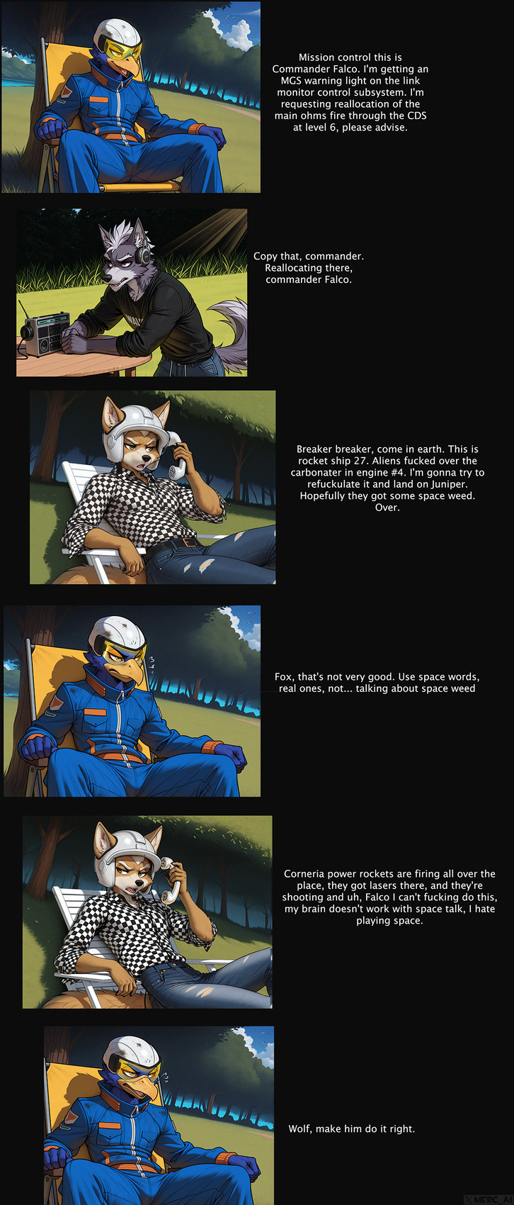 5_fingers anthro armor clothed clothing detailed_background fingers fur furgonomic furgonomic_headwear green_eyes group headgear helmet holding_object holding_phone humor lawn_chair lying lying_on_back male multicolored_body multicolored_fur nature nature_background outside phone pool_chair radio sitting text trailer_park_boys two_tone_body two_tone_fur mercrantos nintendo star_fox falco_lombardi fox_mccloud wolf_o'donnell avian bird canid canine canis falcon falconid fox mammal wolf absurd_res english_text hi_res meme