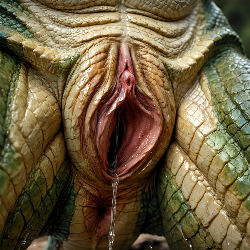 anthro anus big_pussy bodily_fluids clitoris close-up female gaping gaping_pussy genital_fluids genitals green_body green_scales pussy pussy_juice scales solo spread_legs spreading tan_body tan_scales wrinkles director_footlover95 lizardman reptile scalie tail absurd_res hi_res