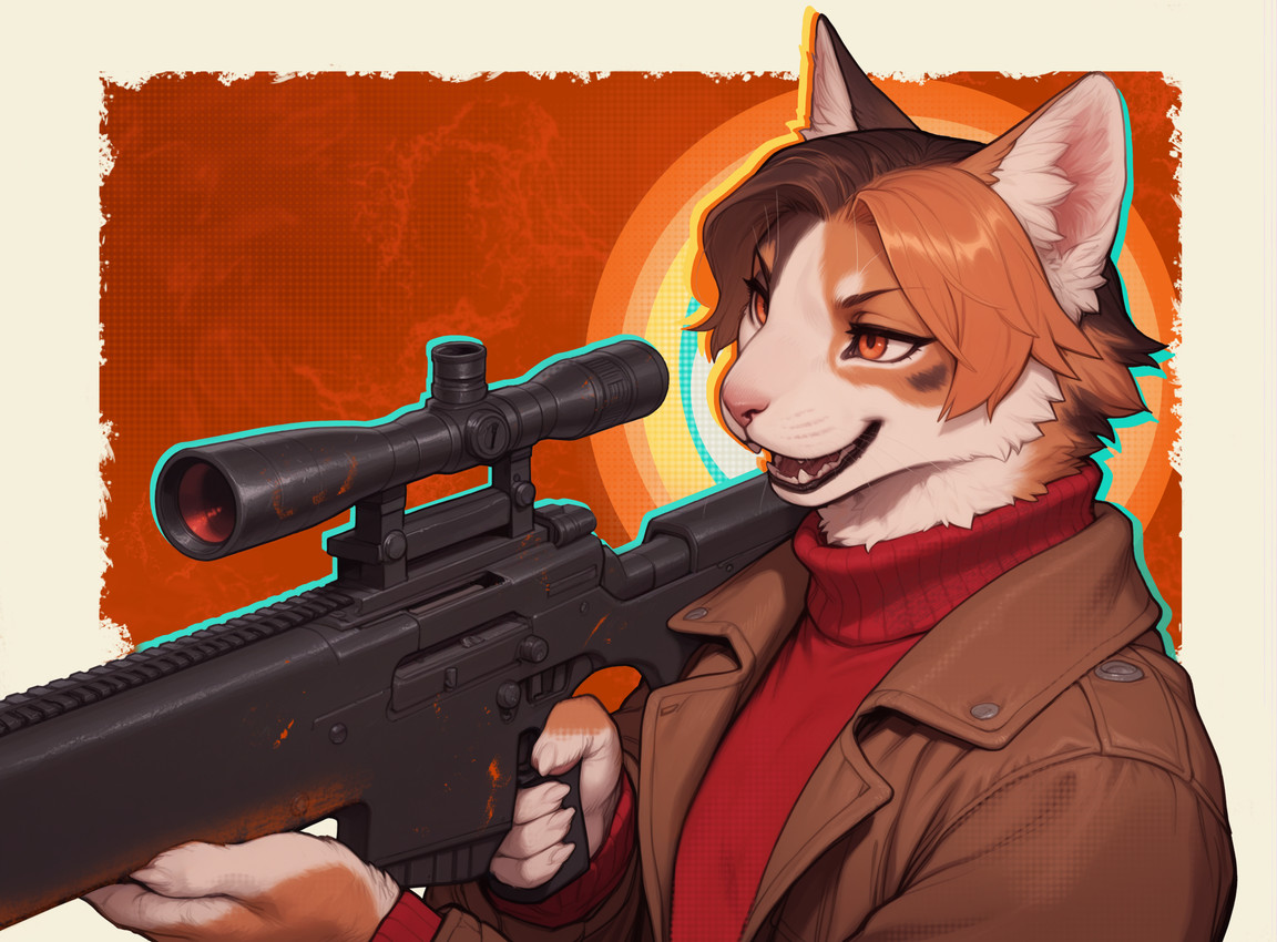 abstract_background anthro clothing fur gun hair holding_gun holding_object holding_weapon jacket leather leather_clothing leather_jacket leather_topwear male mottled multicolored_body multicolored_fur multicolored_hair open_mouth orange_eyes piebald ranged_weapon rifle sniper_rifle solo sweater topwear turtleneck weapon cerinil arkane_studios bethesda_softworks deathloop calico_cat domestic_cat felid feline felis mammal hi_res