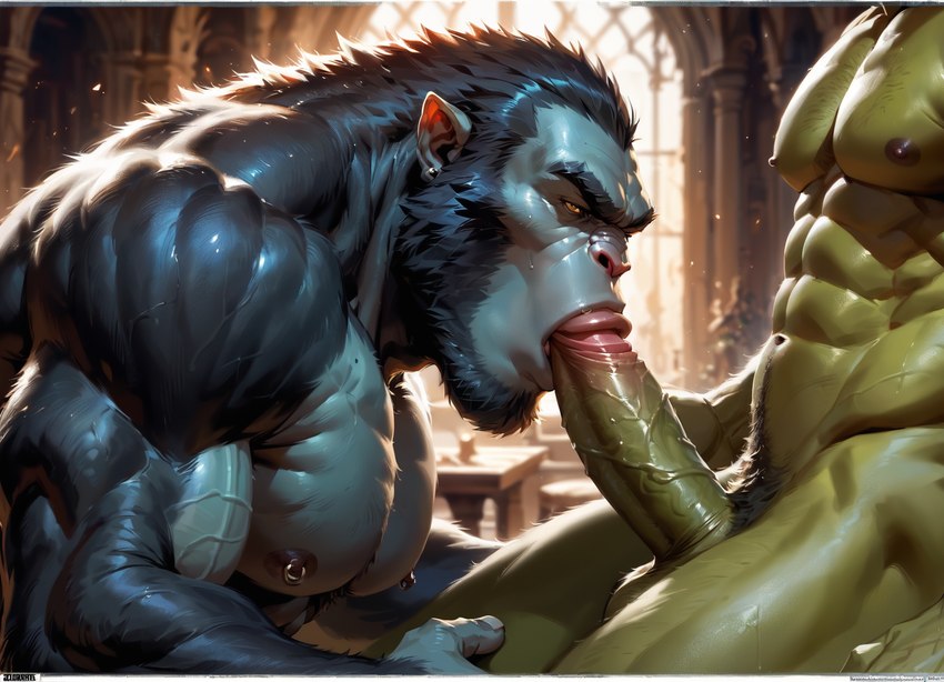 abs anthro duo fellatio fur genitals green_body green_skin grey_body grey_fur kneeling looking_at_viewer male male/male muscular oral penile penis sex sitting anonymous_director ape gorilla haplorhine humanoid mammal orc primate attempted_signature hi_res