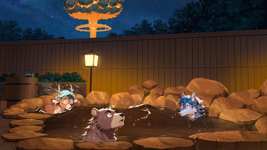 antlers blue_hair clothing explosion eyes_closed green_hair group hair headgear headwear horn hot_spring lamp male night_sky onsen partially_submerged ripples rock surprised_expression towel trio water worried thebigbradwulf brad_wulf_(thebigbradwulf) buckshot_bruin_(thebigbradwulf) random_ass_bear_(thebigbradwulf) canid canine canis cervid mammal ursid wolf hi_res