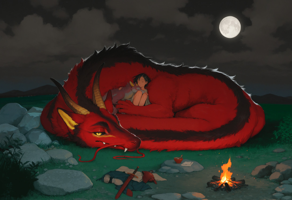 4_fingers ambiguous_gender armor barbel_(anatomy) black_body black_claws black_fur black_sclera bowl campfire claws clothed clothing cloud container cuddling curled_up cutlery detailed_background digitigrade eyes_closed feral fingers fire flesh_whiskers fur golden_eyes grass group hair half-closed_eyes horn kitchen_utensils larger_ambiguous larger_feral long_snout looking_at_viewer lying melee_weapon moon mythology narrowed_eyes night outside paws plant plantigrade quadruped red_body red_fur rock size_difference sky sleeping smaller_feral smaller_human snout spoon sword tail teeth tools trio weapon whiskers yellow_body yellow_eyes yellow_fur yellow_inner_ear soloko dragon eastern_dragon furred_dragon furred_scalie human mammal mythological_creature mythological_scalie scalie hi_res