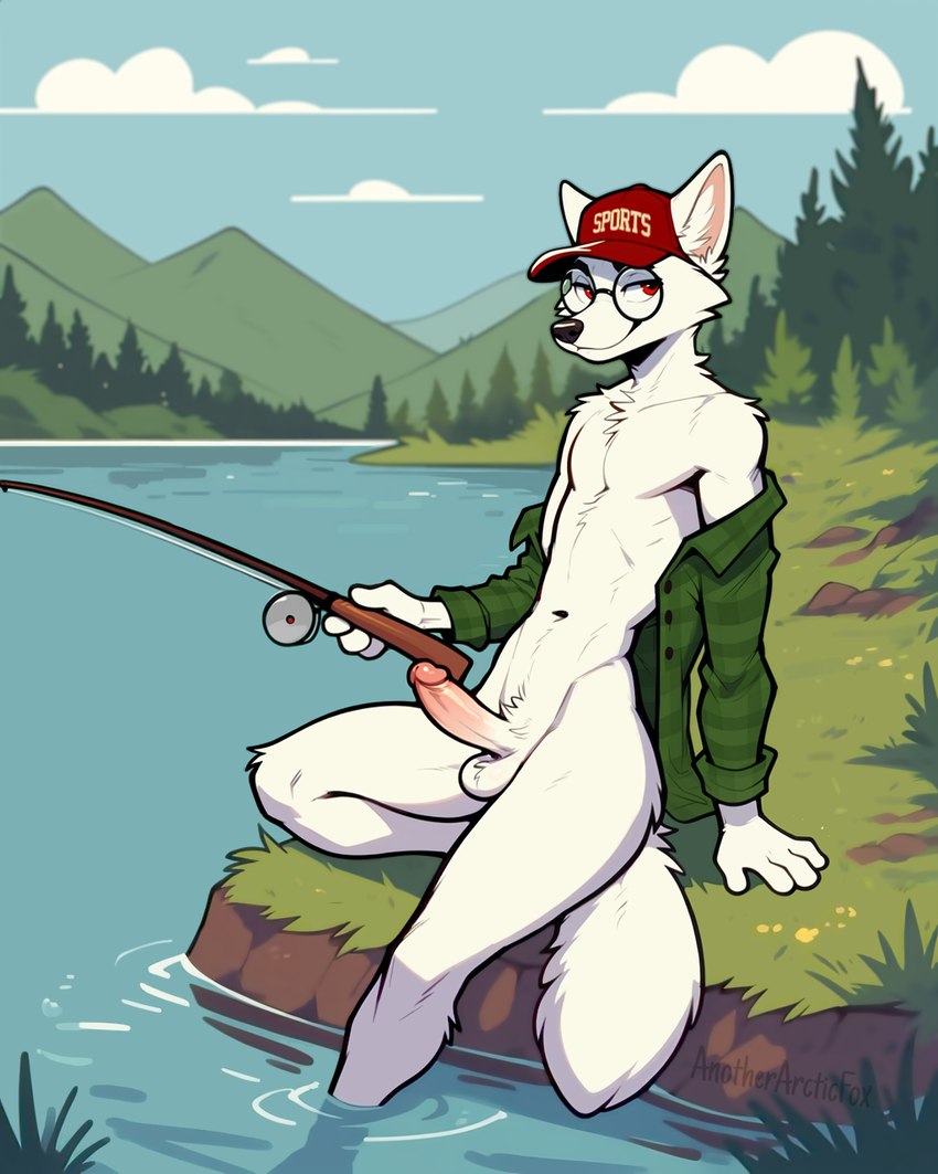 4_fingers anthro balls baseball_cap clothed clothing cloud collared_shirt fingers fishing fishing_rod flannel_shirt fur genitals hat headgear headwear humanoid_genitalia humanoid_penis lake lakeside leaning leaning_back legs_in_water male mostly_nude mountain open_clothing open_shirt open_topwear penis plant shirt sitting sitting_on_ground sky slim small_waist solo text text_on_clothing topwear tree undressing water white_body white_fur anotherarcticfox arctic_fox canid canine fox mammal hi_res watermark