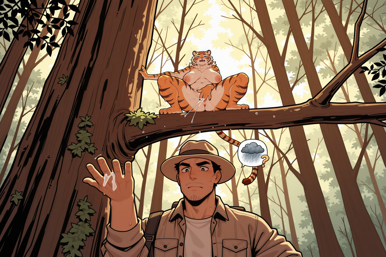 3_toes 5_fingers anthro anus areola backpack big_breasts biped black_eyebrows black_hair blue_eyes blush bodily_fluids branch breasts brown_clothing brown_headwear brown_stripes butt claws clothed clothed/nude clothed_anthro clothed_human clothed_male clothing countershade_face countershade_legs countershade_torso countershading crouching curvy_figure day detailed_background drooling duo ejaculation enjoying eyebrows facial_hair fangs feet female female_anthro female_on_human finger_claws fingering fingers forest fully_clothed fur genital_fluids genitals gesture hair hand_on_tree hat headgear headwear human_on_anthro humanoid_hands interspecies jacket leaf light light_body light_skin looking_at_another looking_down looking_pleasured low-angle_view male male/female male_human male_on_anthro markings masturbation mature_anthro mature_female monotone_breasts multicolored_body multicolored_fur multicolored_tail nature nature_background navel nipples nude nude_anthro nude_female open_clothing open_mouth open_topwear orange_body orange_eyes orange_fur orange_tail orgasm orgasm_face outside paws pink_areola pink_nipples pink_pussy pink_tongue plant plantigrade pupils pussy pussy_ejaculation pussy_juice pussy_juice_on_hand question_mark raining raised_hand sagging_breasts saliva shirt sky slightly_chubby slightly_chubby_female speech_bubble spread_legs spreading stealth_masturbation striped_body striped_fur striped_markings striped_tail stripes sweat tail tail_markings tan_body tan_clothing tan_skin tan_topwear teeth thick_thighs toes tongue topwear tree tuft vaginal vaginal_fingering vaginal_fluids vaginal_masturbation voluptuous white_body white_breasts white_clothing white_countershading white_fur white_pupils white_shirt white_topwear yellow_eyes burioth felid human mammal pantherine tiger detailed digital_media_(artwork) hi_res