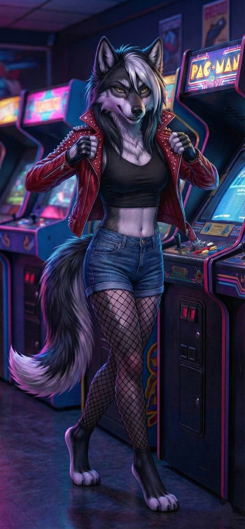 anthro arcade bottomwear clothing cutoffs daisy_dukes denim denim_clothing female fishnet fishnet_legwear hotpants jacket leather leather_clothing leather_jacket leather_topwear legwear neon_lights punk_girl retro shorts topwear mrokiedokie muse canid canine canis mammal wolf absurd_res hi_res