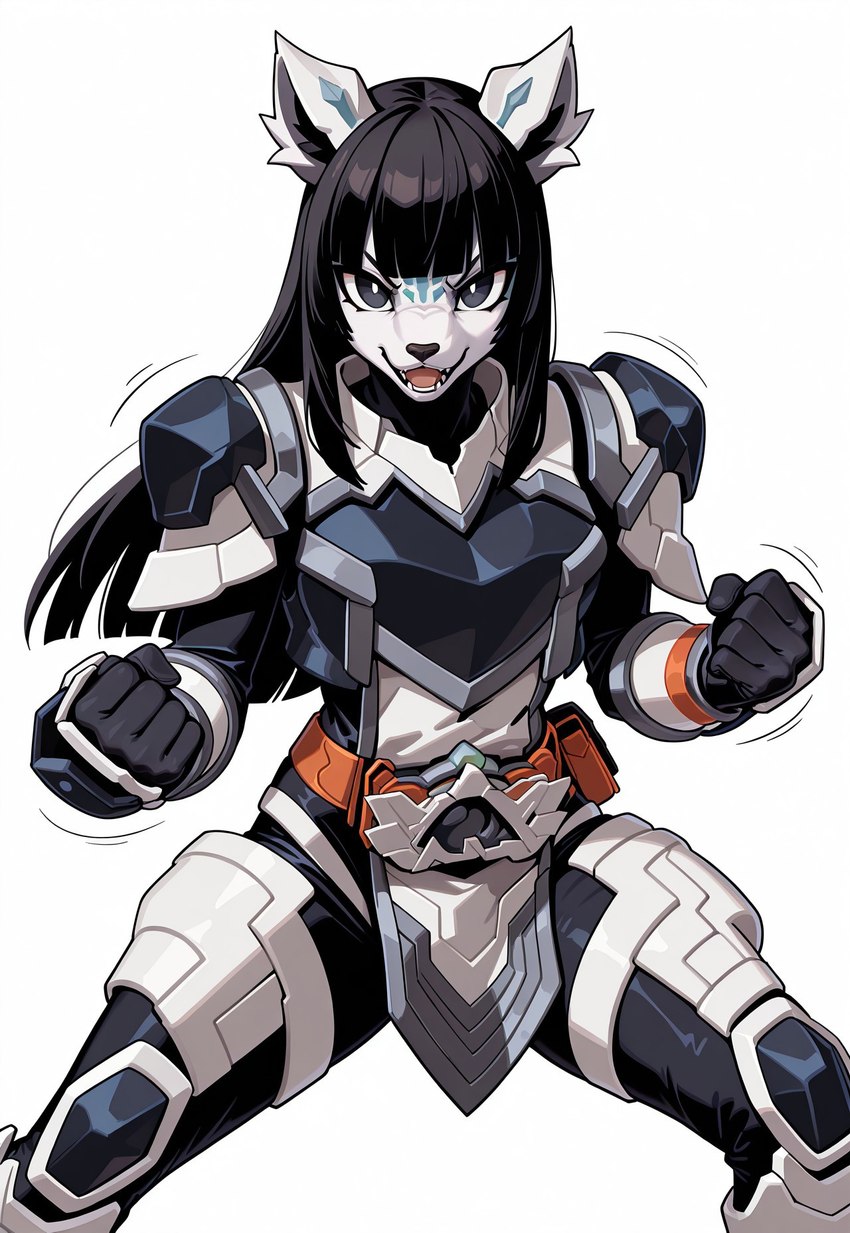 anthro armor bangs belt black_armor black_bodysuit black_hair blunt_bangs fangs female fighting_pose forehead_mark hair long_hair looking_at_viewer multi_head pose simple_background solo white_background massbrainimpact kudo_rinne_(massbrainimpact) canid cerberus mammal hi_res