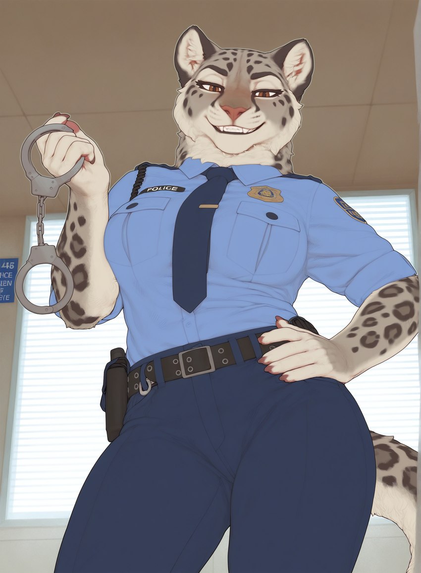 anthro breasts clothing cuff_(restraint) female grin hand_on_hip handcuffs low-angle_view metal_cuffs narrowed_eyes police police_uniform restraints smile smug solo uniform otteranon felid mammal pantherine snow_leopard hi_res