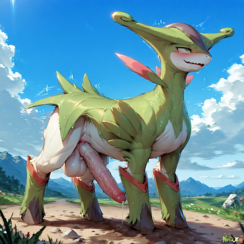 balls bodily_fluids cum cum_drip dirt dripping feral flared_penis flower fur genital_fluids genitals grass hooves male mountains penis plant solo matt3985_(director) phazon pokemon generation_5_pokemon legendary_pokemon pokemon_(species) virizion hi_res